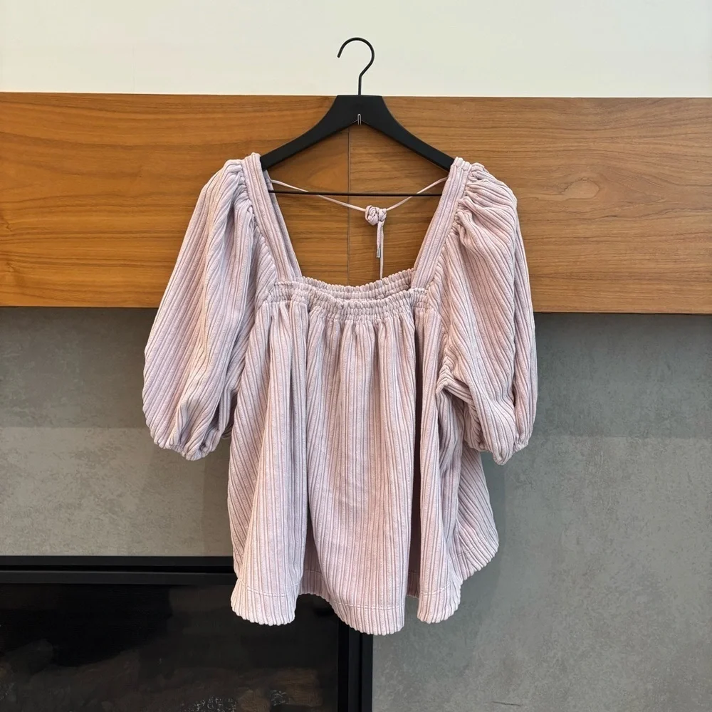 Free People Raquel Cord Puff Sleeve Oversized Textured Blouse, Size M